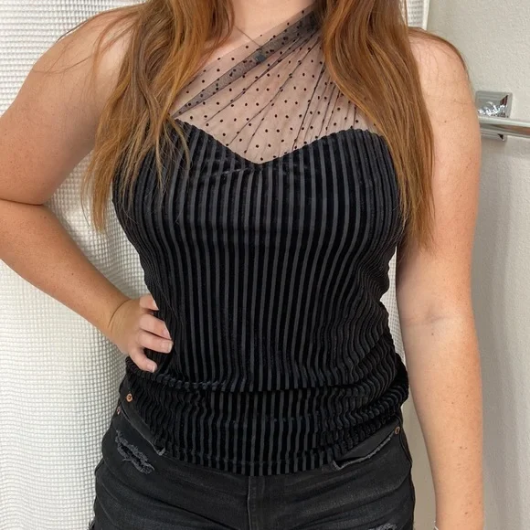 Women’s SHEIN polka dot mesh one-shoulder black velvet blouse. Size M. - Picture 3 of 13